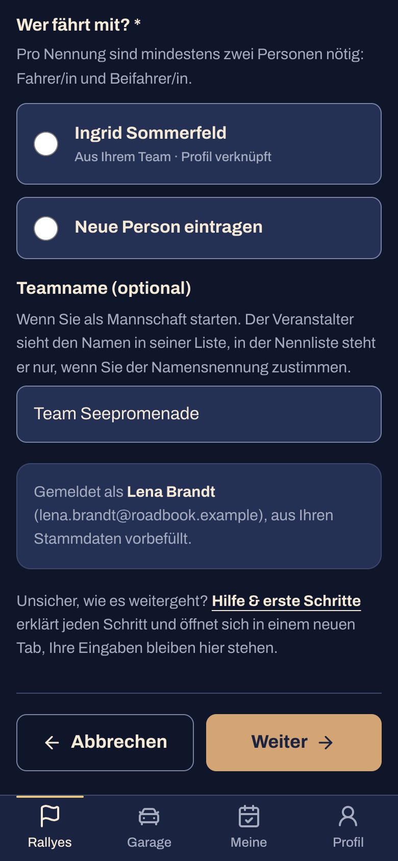 Nennung am Handy: Auswahl der Beifahrerin aus dem Team und das Feld Teamname, vorbelegt aus der Garage