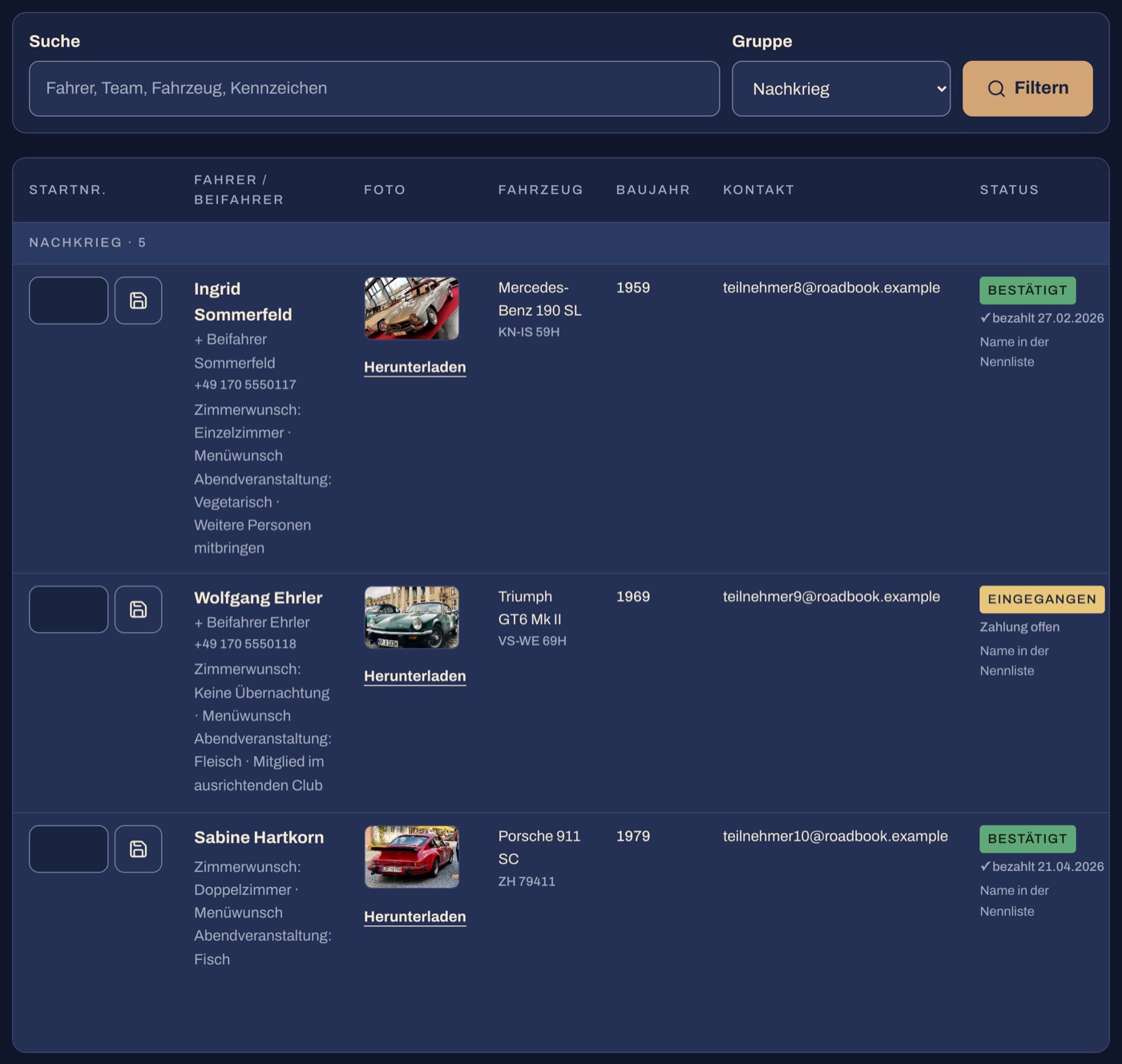 Teilnehmerliste im Veranstalter-Bereich: Nennungen nach Gruppen sortiert, mit Fahrer, Team, Fahrzeug, Kontakt und Zahlungsstatus, dazu CSV- und Excel-Export